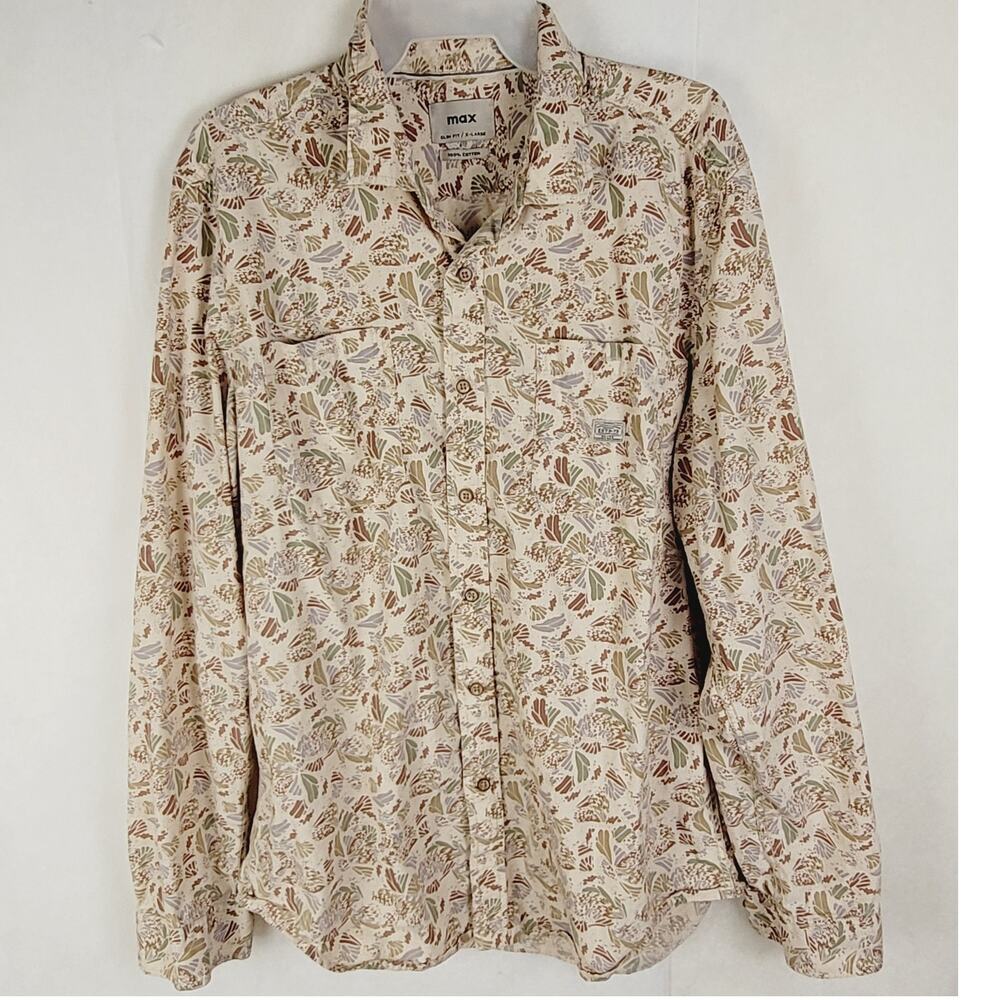 Max tan leaf print button up shirt Size XL long sleeve slim fit Western Retro